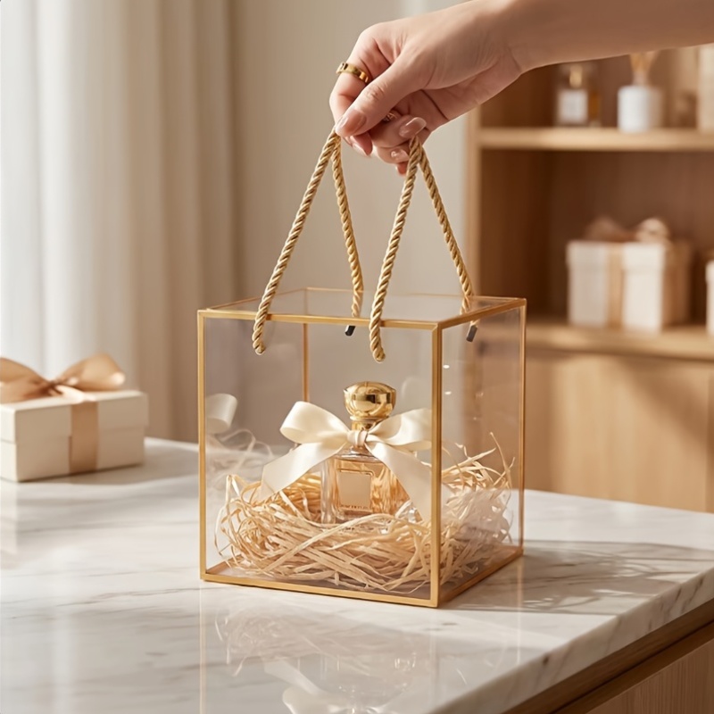 2pcs Transparent Gift Box with Long Rope Handle, Wedding Packaging